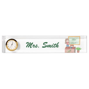 Personalized teacher's desk nameplate with a clock