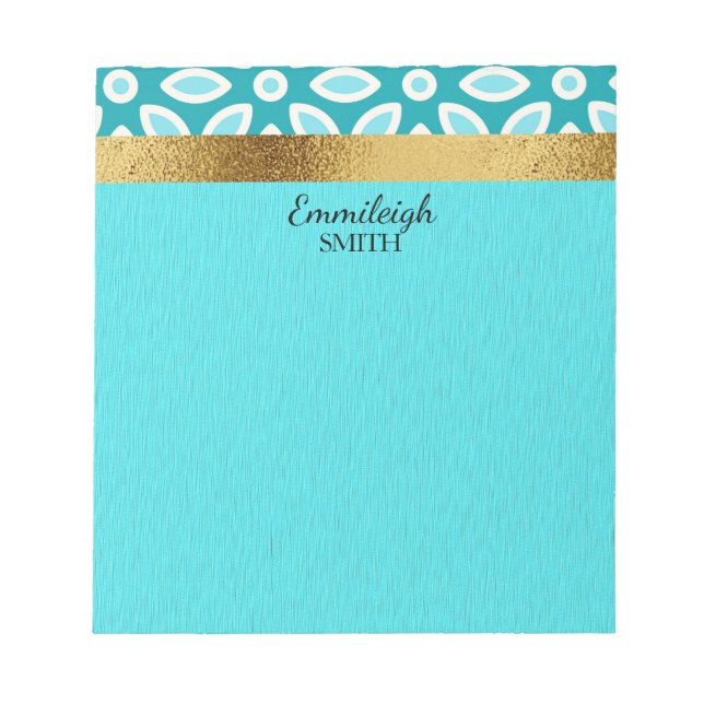 Personalized Teal and Arctic Blue Floral and Gold Notepad (Front)