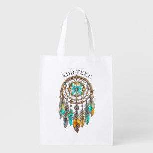 Personalized Teal and Blue Dreamcatchers Mystical Reusable Grocery Bag