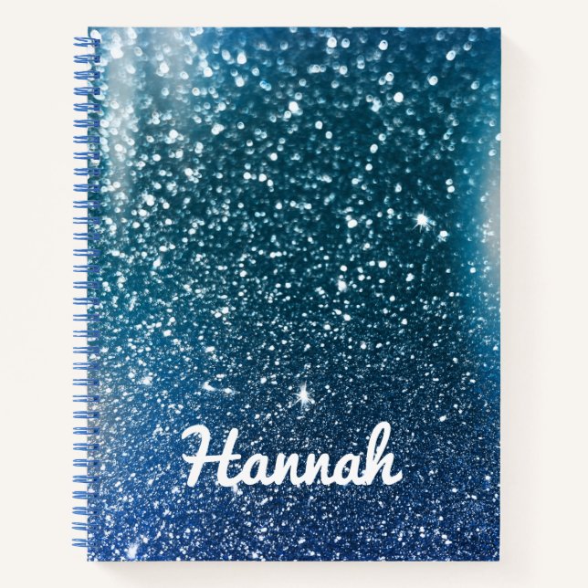 Personalized Teal and Blue Ombre Glitter Notebook (Front)