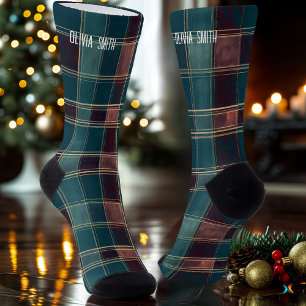 Personalized Teal and Burgundy Tartan Plaid Socks