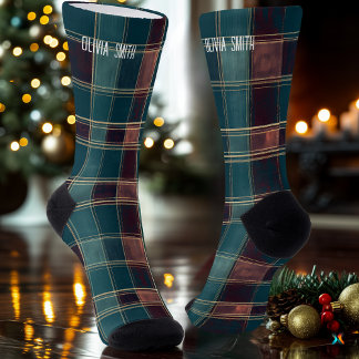 Personalized Teal and Burgundy Tartan Plaid Socks