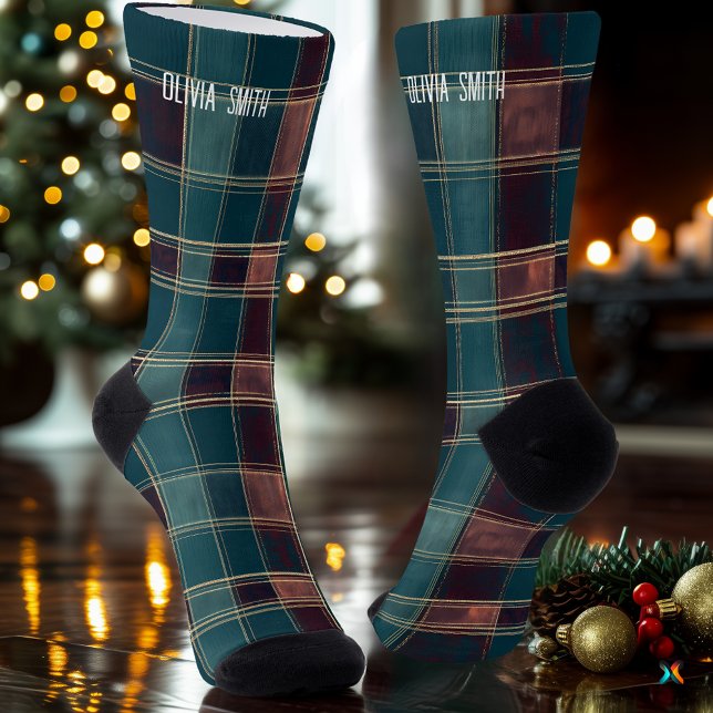 Personalized Teal and Burgundy Tartan Plaid Socks  (Creator Uploaded)