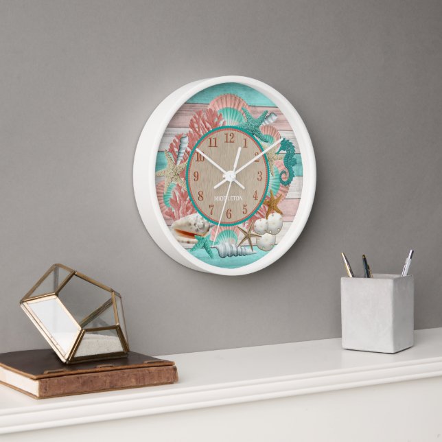 Personalized Teal and Coral Seashell and Beach  Clock (Office)