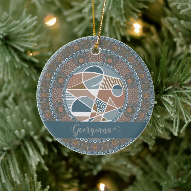 Personalized Teal and Gold Abstract Accent Mandala Ceramic Ornament (Tree)