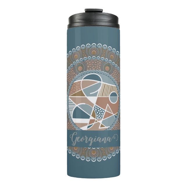 Personalized Teal and Gold Abstract Accent Mandala Thermal Tumbler (Front)