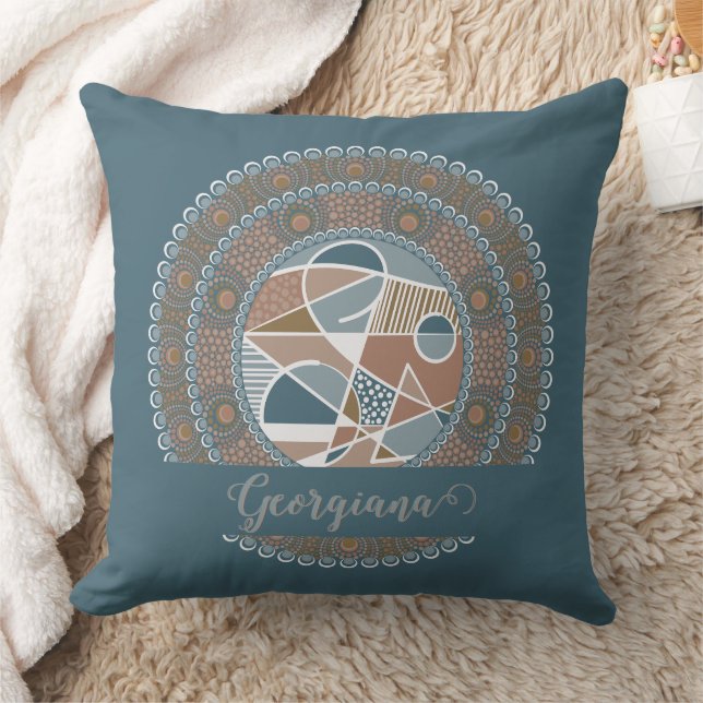 Personalized Teal and Gold Abstract Accent Mandala Throw Pillow (Blanket)