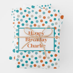 Personalized Teal and Orange Fun Polka Dots Wrapping Paper Sheet