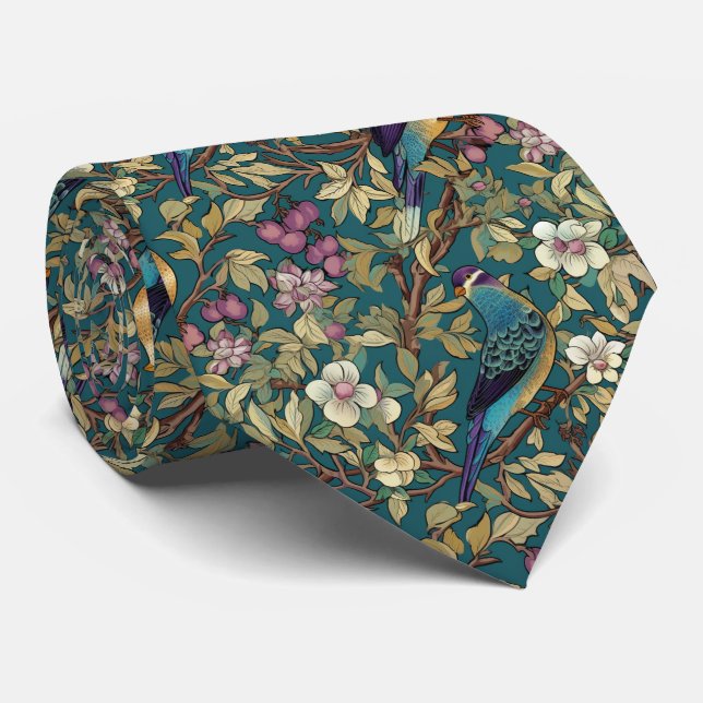Personalized Teal and Purple Floral Love Birds Tie (Rolled)
