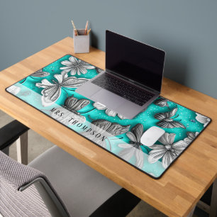 Personalized Teal and Silver Butterfly Flower Desk Mat