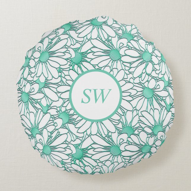 Personalized Teal and White Floral Design  Round Pillow (Back)