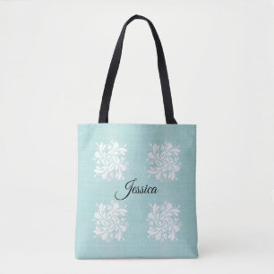 Personalized Teal and White Floral Tote Bag