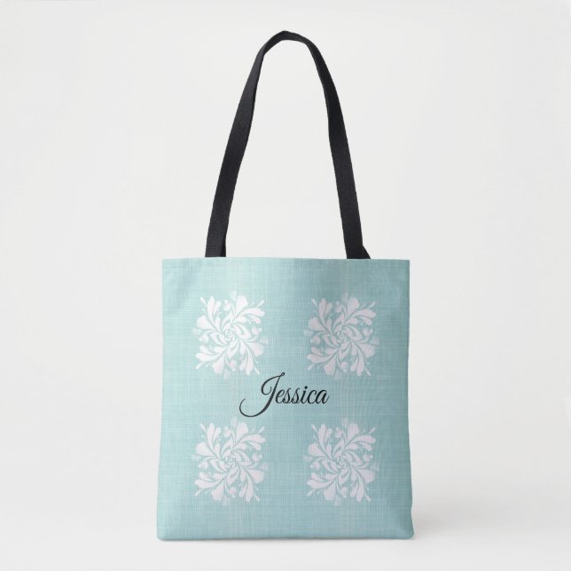 Personalized Teal and White Floral Tote Bag (Front)