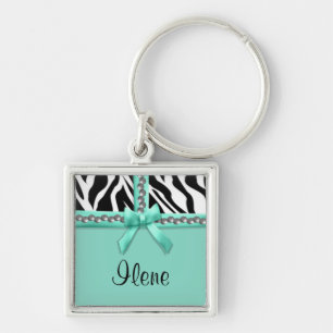 Personalized Teal And White Zebra Stripes And Gems Keychain