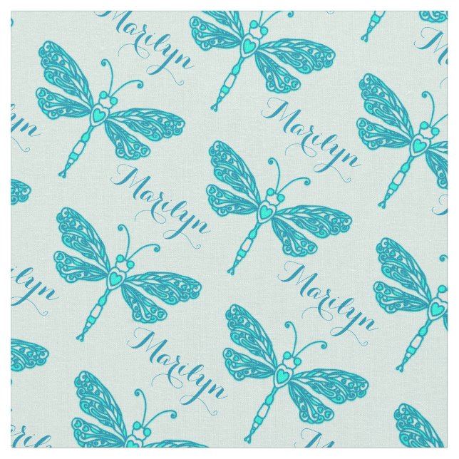 Personalized teal aqua name dragonfly ink pattern fabric (Close Up)