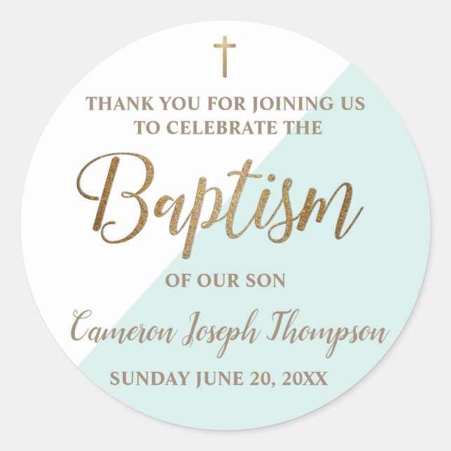 Personalized teal Baby boy baptism thank you  Classic Round Sticker (Front)