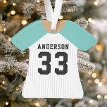 Personalized Teal Baseball Jersey  Ornament<br><div class="desc">Celebrate your baseball star with this personalized teal and white pinstripe jersey ornament. Perfect for commemorating a special season,  player,  or team. Customize it with a name and number to create a unique keepsake.</div>