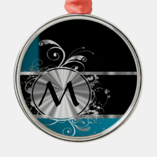 Personalized teal black and silver monogram metal ornament