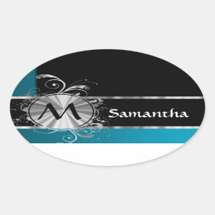 Personalized teal black and silver monogram oval sticker