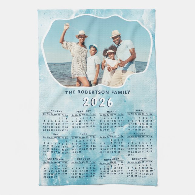 Personalized Teal Blue 2026 Photo Calendar Kitchen Towel (Vertical)
