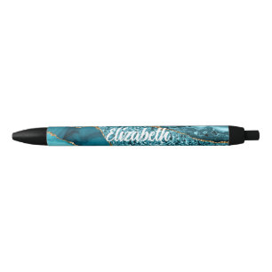 Personalized Teal Blue Agate Black Ink Pen