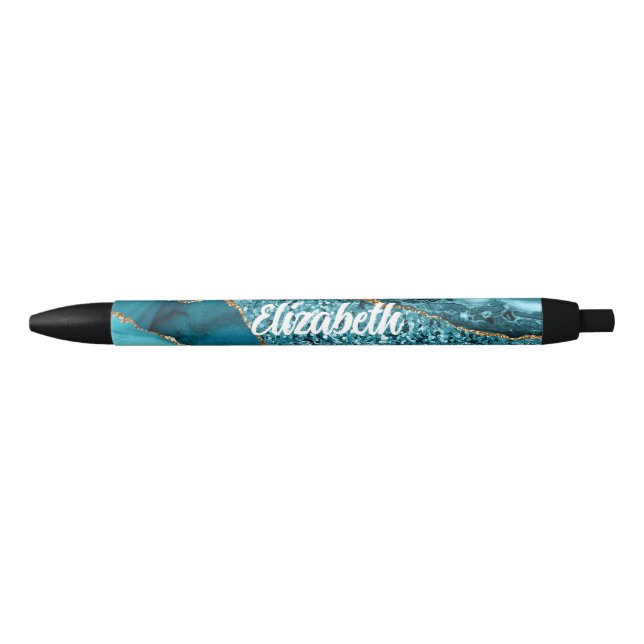 Personalized Teal Blue Agate Black Ink Pen (Front)