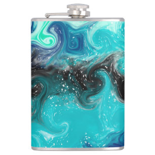 Personalized Teal Blue and Black Fluid Art Marble Hip Flask