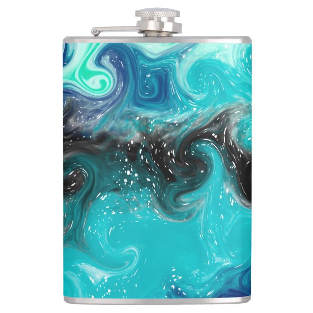 Personalized Teal Blue and Black Fluid Art Marble  Hip Flask (Front)