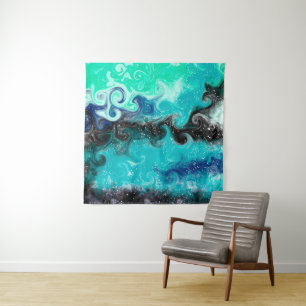 Personalized Teal Blue and Black Fluid Art Marble  Tapestry