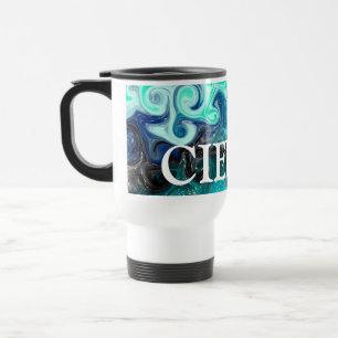 Personalized Teal Blue and Black Fluid Art Marble Travel Mug