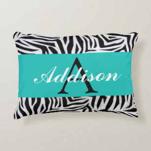 Personalized Teal Blue and Zebra Print Decorative Pillow