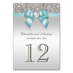 Personalized Teal Blue Faux Bow Silver Sequins Table Number