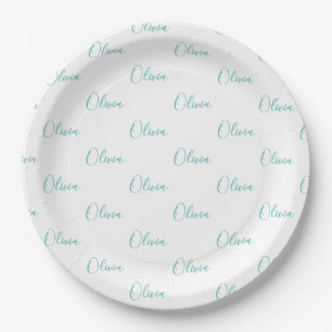 Personalized Teal Blue Green Girly Elegant Name Paper Plate