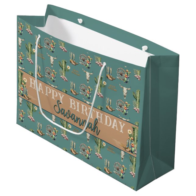 Personalized Teal Blue Happy Birthday Cactus Large Gift Bag (Front Angled)