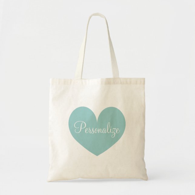 Personalized teal blue love heart shape tote bag (Front)