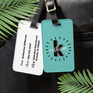 Personalized Teal Blue Monogram Luggage Tag