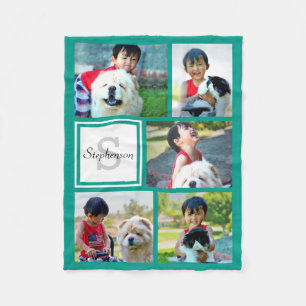 Personalized Teal Blue Photo Collage Monogrammed Fleece Blanket