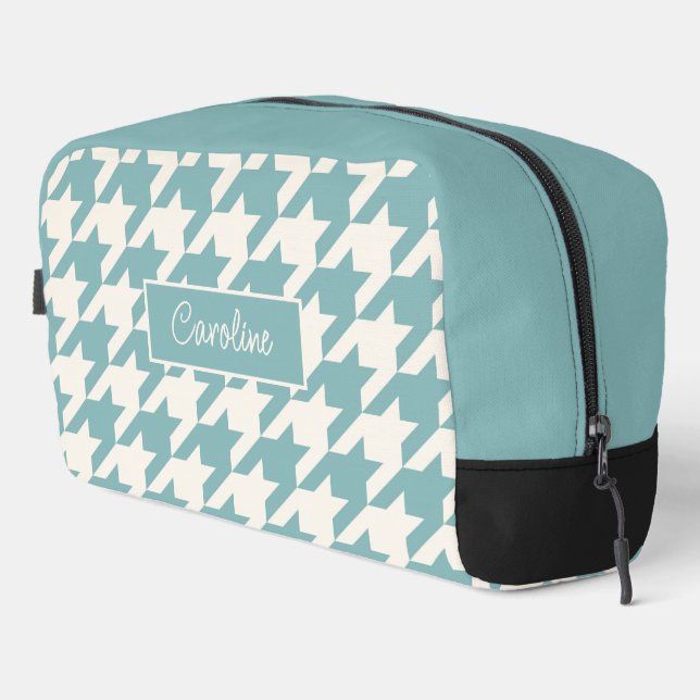 Personalized Teal Blue Seafoam Green Houndstooth Dopp Kit (Right Corner)