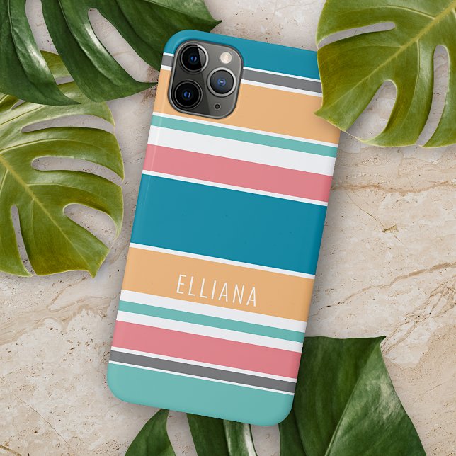 Personalized Teal Blue Sunny Yellow Pink Stripes Case-Mate iPhone Case (Creator Uploaded)