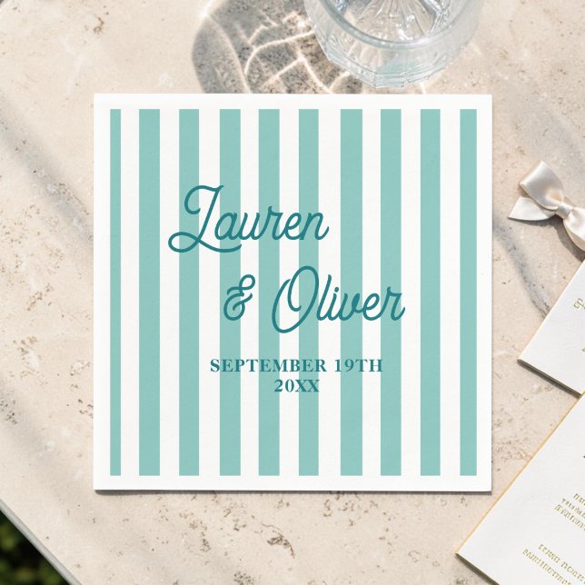 Personalized Teal Blue Wedding Engagements Striped Napkin (Creator Uploaded)