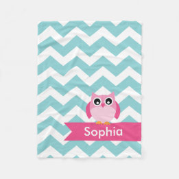 Personalized Teal Chevron Pink Owl Fleece Blanket
