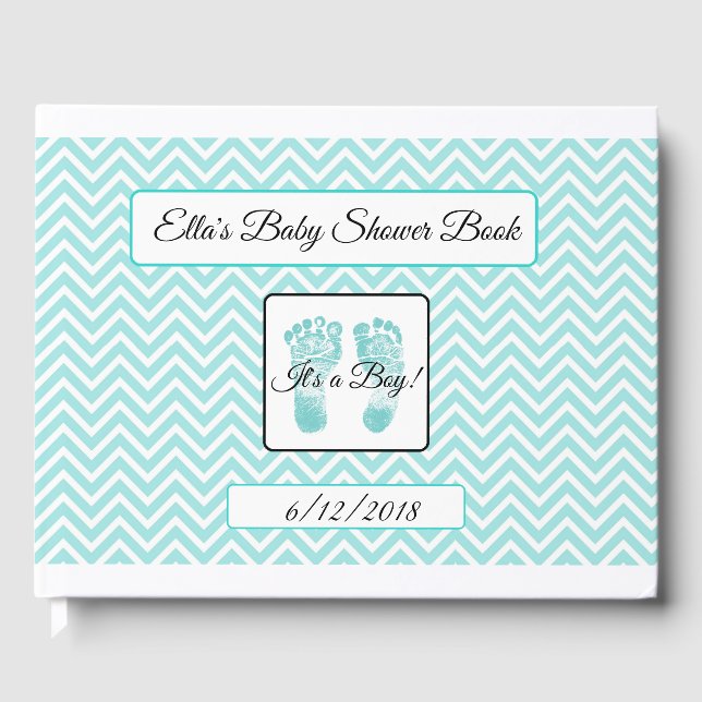 Personalized Teal Chevron Stripes Baby Shower Book (Front)