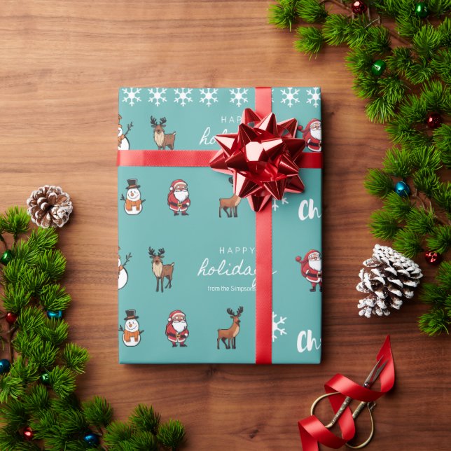 Personalized Teal Christmas Characters Gift Wrapping Paper (Holiday Gift)