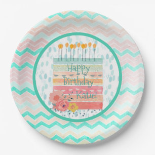 Personalized Teal Coral Birthday Cake Paper Plate