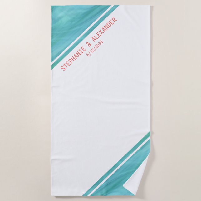 Personalized Teal Coral Wedding Beach Towel (Front)