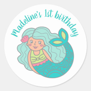 Personalized Teal Cute Mermaid 1st Birthday Classic Round Sticker