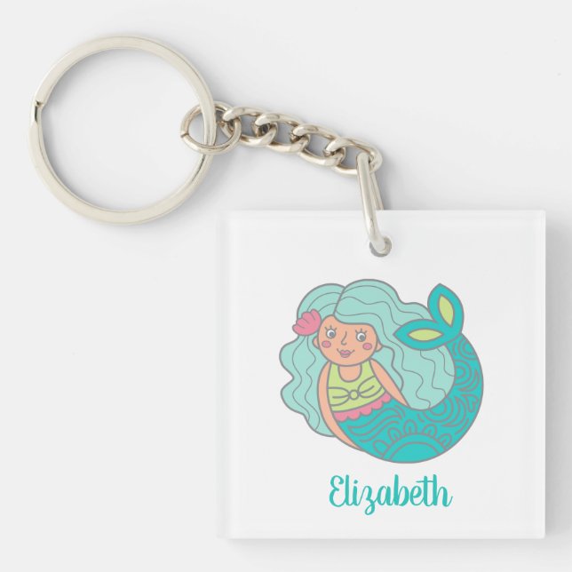 Personalized Teal Cute Mermaid Keychain (Front)