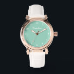 Personalized teal dial white leather women's watch<br><div class="desc">Personalized teal dial white leather women's watch. Custom wrist watches for classy ladies. Custom gift idea for her. Chic design with script inscription. Elegant Birthday or Christmas gift idea for mom,  wife,  girlfriend etc. Leather strap and rose gold case. Background colour can be changed into any colour.</div>