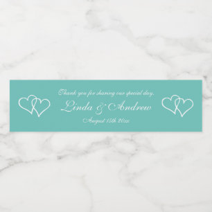 Personalized teal double heart wedding party favou water bottle label