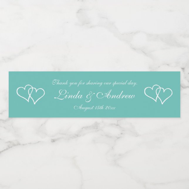 Personalized teal double heart wedding party favou water bottle label (Single Label)